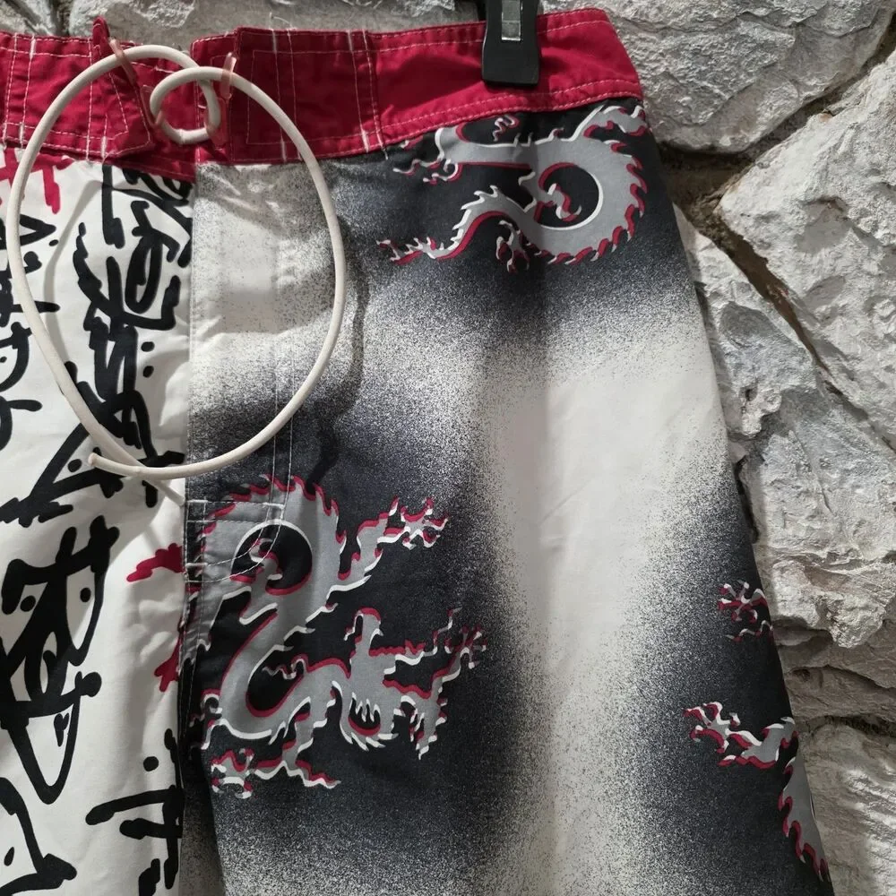 Vintage Y2K No Boundaries Dragon Board Shorts Men 34 Swim Trunks Grunge Surf Red